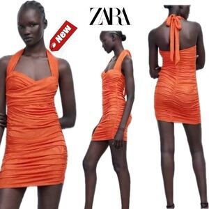 Zara Orange jacquard stretchy ruched halter top bodycon cocktail party dress NWT
